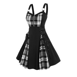 Rosegal Gothic Lace Up Plaid Half Zipper Fit and Flare Gothic Dress(White_1/4X)