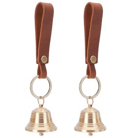 PLIGREAT 2 Pcs Brass Hanging Bell for Door Knob Decoration Gold Bell with Leather Rope Key Ring for Shopkeeper Home Garden Christmas Decor Vintage Door Bell Dog Bells to Go Outside