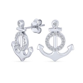Whimsical Nautical Tropical Vacation Souvenir Boat Anchor Stud Earrings, Pave Cubic Zirconia CZ Accents, .925 Sterling Silver for Women and Teens