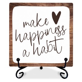 4" Inspirational Wood Decor - Make Happiness A Habit - Wooden Plaque Signs With 1 Metal Support Rustic Motivational Desk Décor For Home Office Bedroom Table Décor And Accessories - A02