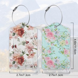 Watercolor Floral Hand Painting Luggage Tags for Suitcases, 2 Pack Cute PU Leather Suitcase Tag Identifiers with Address Card for Baggage Tag