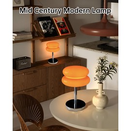 XMINKDZA Cordless Orange Mushroom Lamp, Mid Century Modern Glass Lamp 6000mAh Rechargeable Small Table Lamps, Cute Cool Desk Lamps for Living Bedroom Nightstand Home Decor Aesthetic
