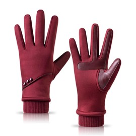 HOLDINA Women's Warm Winter Gloves, Waterproof Gloves with Non-Slip Leather, Women's Touchscreen Gloves with Fleece Lined for Driving, Running, Cycling, Hiking (Red)