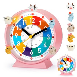 PIXESTT Children's Alarm Clock, Children's Alarm Clock for Back to School, No Ticking Noise, with Night Light and Snooze Function, with 5 Alarm Clock Decoration, Suitable for Learning, Sleep Wake-up C