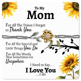 Love You This Much Mom Appreciation Sunflower Bracelet Gift Set, Thank You Gifts for Mom from Daughter, Mom Birthday Present Meaningful, 6-8" Adjustable, Stainless Steel, Cubic Zirconia