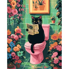 Black Cat Paint by Number Kits for Adults, Cat Sit on Toilet Adult's Painting by Numbers on Canvas, DIY Flowers Acrylic Watercolor Oil Colorful Art Crafts for Adults 16 * 20in
