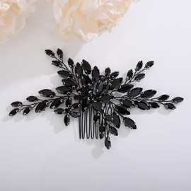 Teyglen Crystal Wedding Hair Comb Black Rhinestone Flower Hair Comb Bridal Black Crystal Hair Piece Hair Accessories Vintage Black Headpiece for Women Girls Party Prom(Black)