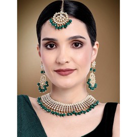Aheli Wedding Wear Kundan Beaded Choker Necklace Set Green with Maang Tikka Indian Jewelry Gift for Women