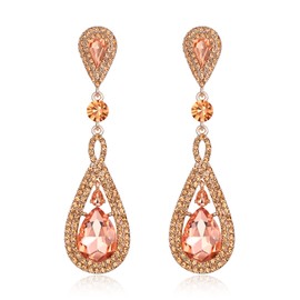 EleQueen Champagne Rose Gold-Tone Austrian Crystal Long Pear Shape Teardrop Wedding Earrings for Brides, Art Deco Chandelier Dangle Earrings for Women Prom