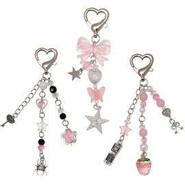 Rowbaty 3 Pcs Aesthetic Y2K keychains Cute Butterfly Star Strawberry Bear Guitar Keychains Charms with Tether Tab for Women Bag Purse Gifts