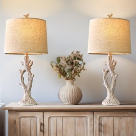 OYEARS Farmhouse Table Lamps Set of 2 for Living Room Bedroom Bedside Tree Lamp Nightstand End Table 25" Lamps Vintage Natural Style
