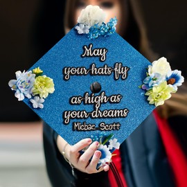 GRADWYSE Blue Glitter Graduation Cap Topper with Flowers, Graduation Cap Decorations, Class of 2025 Grad Cap Topper, May Your Hats Fly As High As Your Dreams
