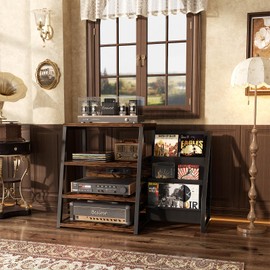 AV Media Stand with Outlets, Stereo Stands and Racks with Vinyl Storage, Stereo Stand with Record Storage, Audio Stereo Rack Cabinet, Turntable Console Stand with LED lights, 4 Tiers, Rustic Brown
