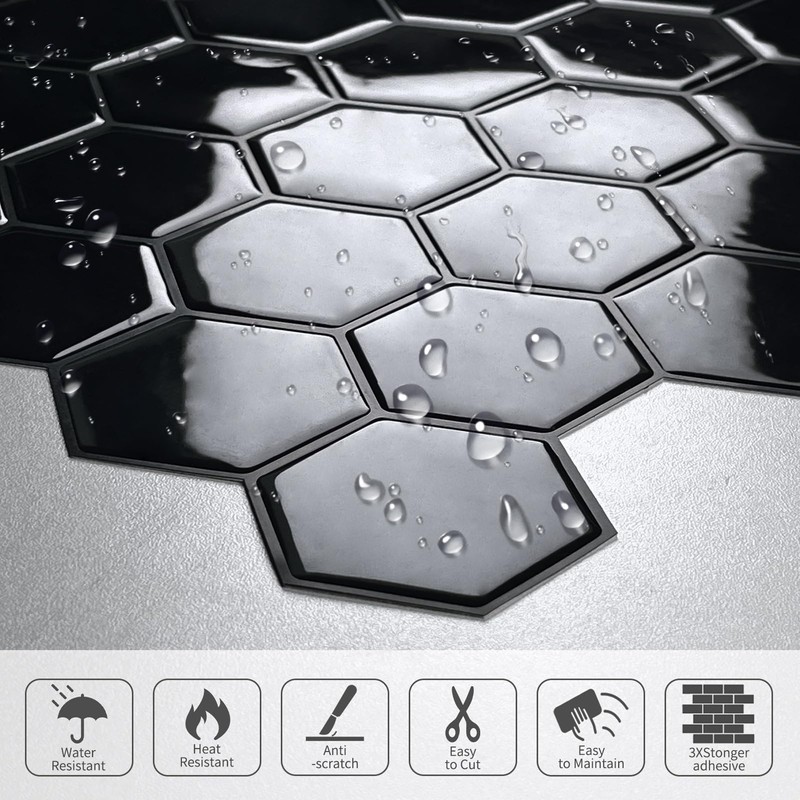 Black Hexagon Peel and Stick Backsplash,12" x 12" Self Adhesive