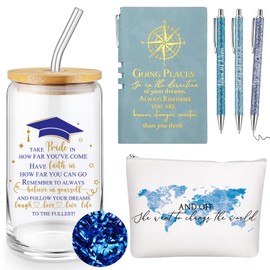 Domensi 6 Pcs Class of 2025 Graduation Gift for Her 16oz Glass Cup Makeup Bag Compass Journal Ballpoint Pens Inspirational Graduation Gift Set for College High School Daughter Sister Friend(Blue)