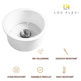 18 Inch Round White Kitchen Sink Undermount, Los Flexi Drop In Fireclay Round Basin 18.5”L×18.5”W, Compact Single Bowl Wet Bar Sink With Stainless Steel Bottom Grid And Drain Strainer