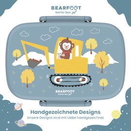 BEARFOOT Brotdose Kinder mit Fächern, BPA frei, Lunchbox, Bento box, Brotbox, Brotdose Mädchen & Jungen, Snackbox, 100% auslaufsicher, Vesperbox für Kindergarten, Schule (BaggerAffe)