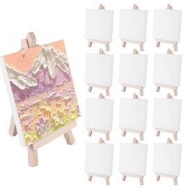Mini Canvas Easel Wood, 12 Pieces Mini Canvas with Easel, Mini Easel Set, Mini Easels with Canvas, Mini Easel Wood with Canvas for Display, Table Decoration, Painting, Crafts
