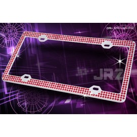 JR2 Premium 3 Row RED Color Glass Crystal Embedded Metal Chrome License Plate Frame with Free Caps