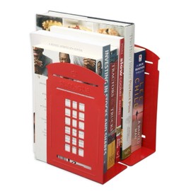 1 Pair Nostalgic London Telephone Booth Bookends British Style Metal Bookends for Shelves Library Bookends Book End Gifts (Red)