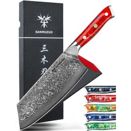 SANMUZUO Nakiri Knife - 7.5 inch Cleaver Knife- Xuan Series - VG10 Damascus Steel Kitchen Knife - Resin Handle (Sunset Red)