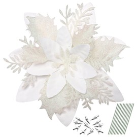 jojofuny 12 Pcs Christmas Poinsettia Artificial Flowers Decorations, 5.5 Inch Glitter Poinsettia Flowers with Clips and Stems for Xmas/Wedding/Holiday/Wreath/Garland/Tree Decor (White)