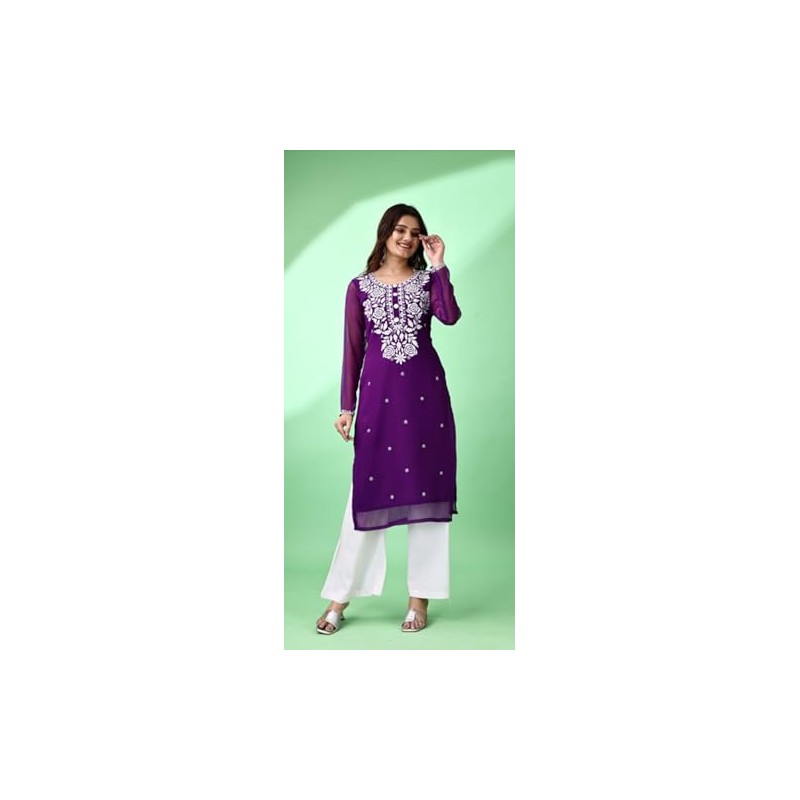 Estationeryhouse Women's Georgette Lucknowi chikankari kurti, Rose Design with Heavy