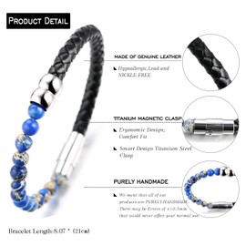 Halukakah "SALUTE THE SEA" Men's Genuine Leather Bracelet with Natural Blue Imperial Stone Beads,Smart Magentic Clasp, 8.46"(21.5cm) with FREE Giftbox