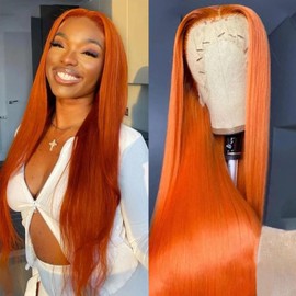 LUCLUEME 28 inch 13x6 Ginger Lace Front Wigs Human Hair Straight Colored Lace Front Wigs Human Hair for Black Women Pre Plucked with Baby Hair 180% Density