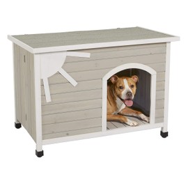 MidWest Homes for Pets Eillo Folding Outdoor Wood Dog House, No Tools Required for Assembly | Dog House Ideal for Medium Dog Breeds, Beige (12EWDH-M)