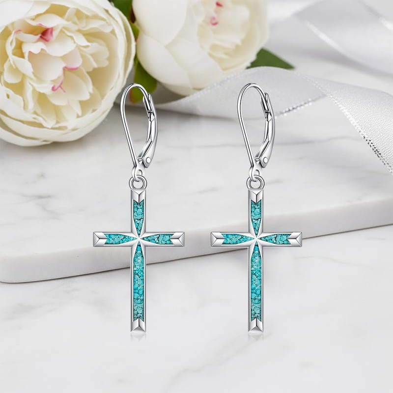 Cross Earrings for Women Sterling Silver Cross Earrings Dangle Turquoise