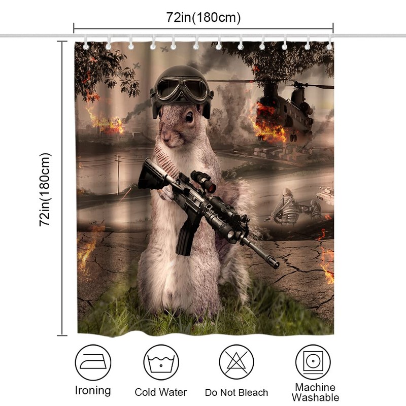 Funny Squirrel Warrior Theme Bathroom Bathtubs Fabric Shower Curtains Helicopter