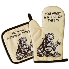 GOSJINNK Funny Oven Mitts and Pot Holders（Set of 2） You Want A Piece of This Heat Resistant Mitts Retro Housewife Silicone Non-Slip Oven Mitts Novelty Kitchen Baking Gift for Women Hostess Bake Lover