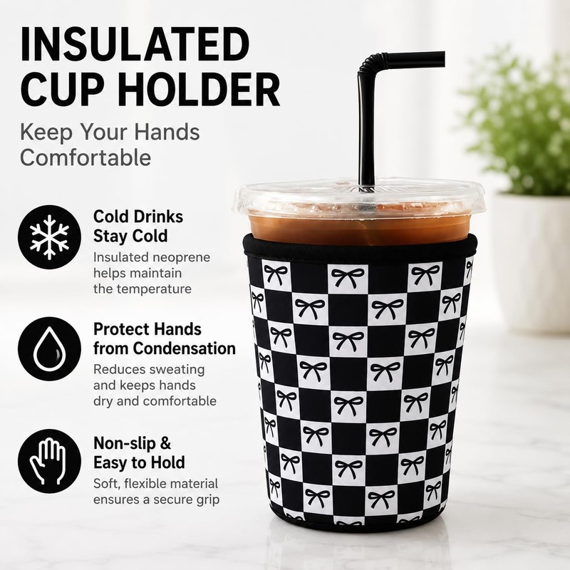 Reusable Ice Coffee Cup Sleeves for Cold Drink 16-32oz(Black Checked