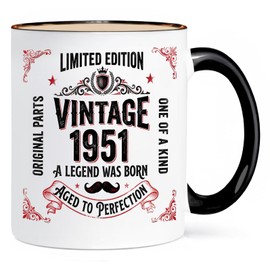 ONRRI 11 Oz Vintage 1951 Ceramic Mug With Black Interior And Handle, Double Sided Print, Microwave Safe 75th Birthday Gift For Men Or Women