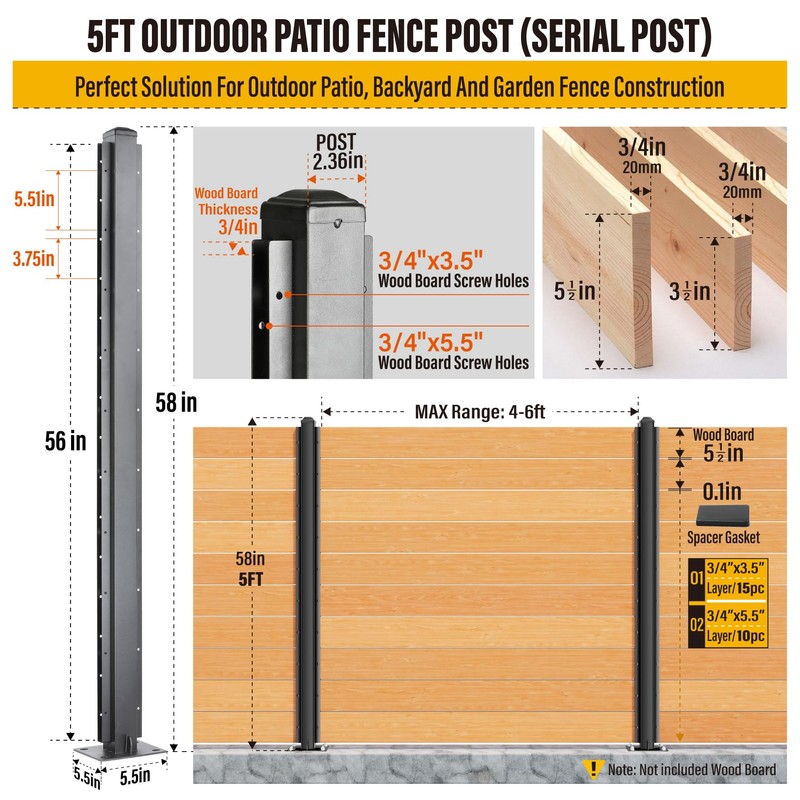 Wowace 5ft (H/58in) Heavy Duty Fence Post - Serial Post