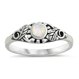 White Filigree Vine Leaf Simulated Opal Sun Classic Ring New .925 Sterling Silver Band Size 4