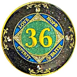 (1-50 Years) NA 36 Year Crystals and Glitter Medallion, Golden Color Plated Coin, Black Rainbow, Blue Glitter and Four Clear Crystals (NA 36 Year Crystals and Glitter, Gold Color Medallion)