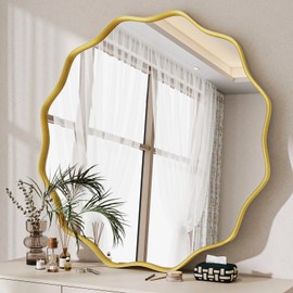 VETROVUE Round Wavy Mirror, 30 Inch Metal Frame Circle Mirror, Round Wall Mounted for Entryway, Bathroom, Vanity, Living Room, Gold