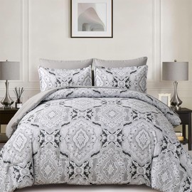 WONGS BEDDING Grey Comforter Set Queen Size,7 Pieces Bed in a Bag Boho Damask Pattern Comforter with Sheet Set, Soft Lightweight Micorfiber Bedding Set for All Seaaon(90"×90")