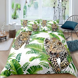 Loussiesd Leopard Bedding Set Cheetah Print Duvet Cover For Kids Children Teens Palm Leaf Comforter Cover Wild Animal Theme Bedspread Cover Tropical Leaves Bedroom Decor Quilt Cover 2Pcs Single Size