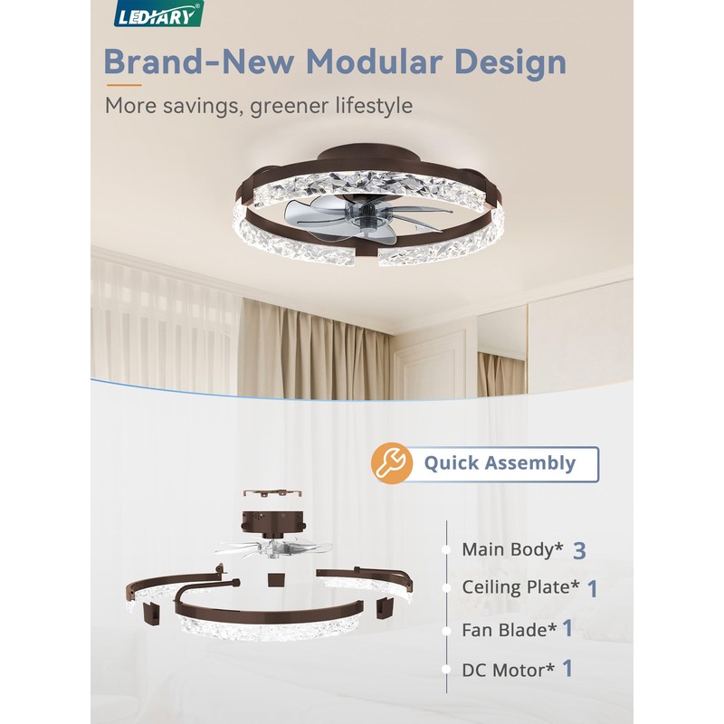 LEDIARY 20 Inch Low Profile Ceiling Fans with Lights and