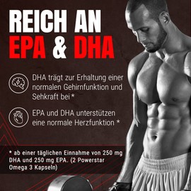 Powerstar Omega 3 Capsules High Dose | 200 Fish Oil Capsules with 1,000 mg Fish Oil | Made in Germany | Polyunsaturated Essential Fatty Acids | Rich in EPA & DHA | No PCB & Additives