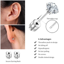 MILACOLATO Threadless Flat Back Stud Earrings, 6 Pairs Surgical Steel Hypoallergenic Earrings for Women Men, Cubic Zirconia Silver Gold Stud Earrings Stainless Steel Stud Earrings Set for Cartilage 2-8mm Silver
