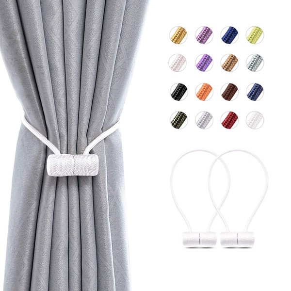 Pretty Jolly 2 Pack Magnetic Curtain Tiebacks 16 Inch Modern Handmade Weave Rope Curtain Holdbacks Convenient Decorative Curtain Drape Tie Backs for Home and Office Window Drapery (White)