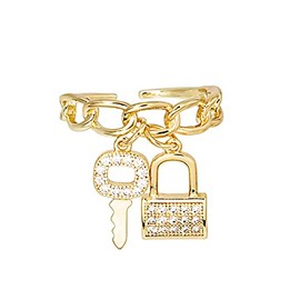 GANGYUN Open Zircon Crystal Lock Key Padlock Cuff Finger Rings for Women Adjustable Punk Infinty Chain Rings Jewelry (Gold)