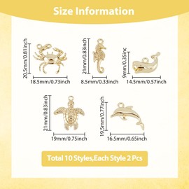 SUPERFINDINGS Pack of 20 10 Styles Rack Coating Alloy Charms Sea Animals Pendant Crab Seahorse Whale Sea Turtle Dolphin Charms Platinum Gold Alloy Pendant Hole 1.5 mm, Alloy Steel