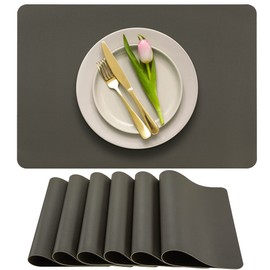 More Décor Faux Leather Placemats for Dining and Kitchen Table - Stain and Heat Resistant, Anti-Slip, Wipable and Washable - Set of 4 and 6 - Solid Colors (Solid Dark Grey, 6)