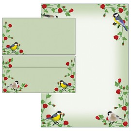 Rose Tendrils with Colourful Birds - Set - 25 Sheets of Writing Paper + 20 Envelopes DIN Long without Window (with Folder)