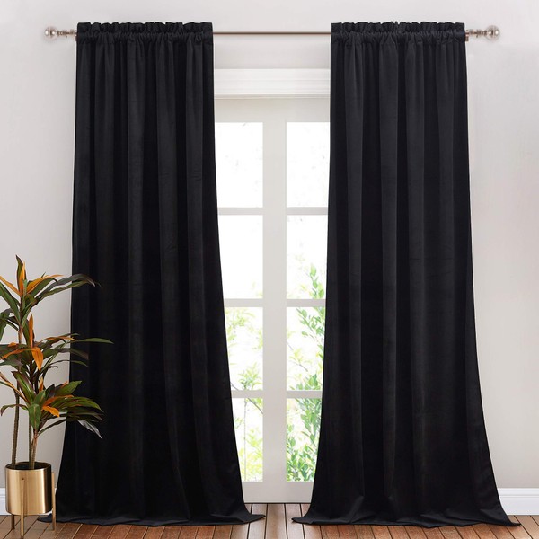 NICETOWN Black Velvet Curtain, Bedroom Velvet Blackout Curtain Panels, Solid Heavy Matt Drapes/Window Treatments for Bedroom, Boys Room (2 Panels, 84 inches Long)